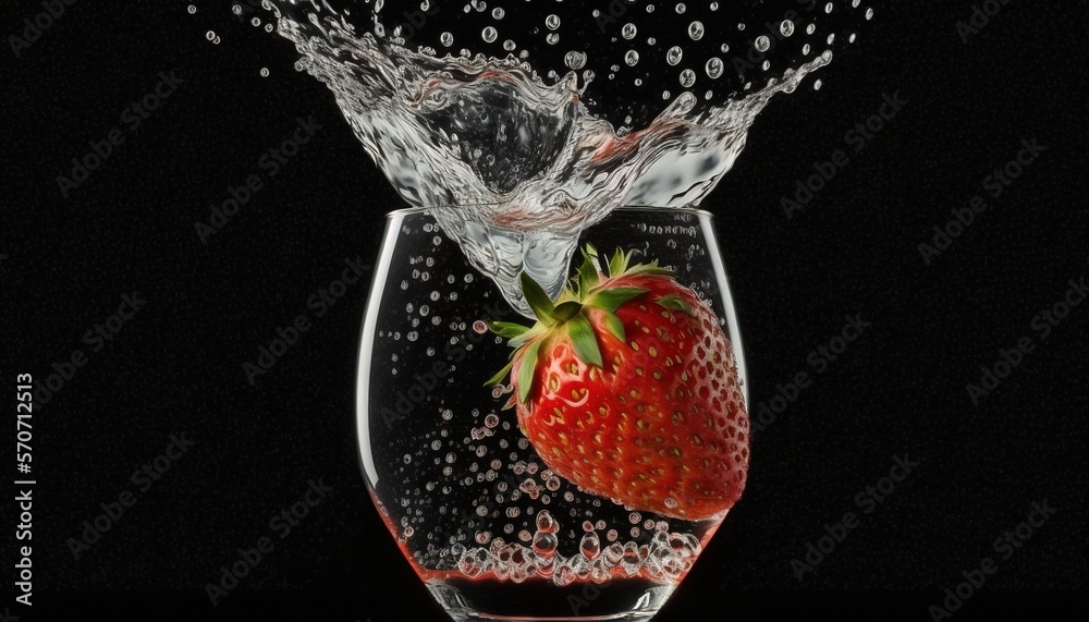  a strawberry splashing into a wine glass with water on the side of the glass and on the top of the 