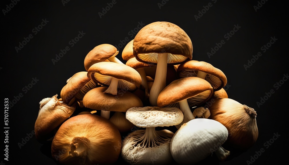  a bunch of mushrooms that are sitting on a black surface with a black background in the middle of t