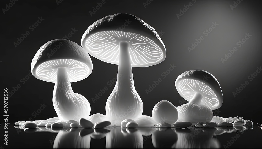  a group of mushrooms sitting on top of a table next to a black and white photo of mushrooms on a re