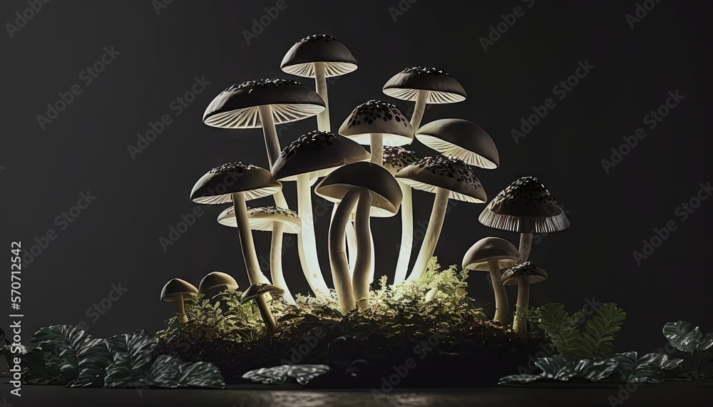  a group of mushrooms sitting on top of a lush green field next to a dark background with a light sh