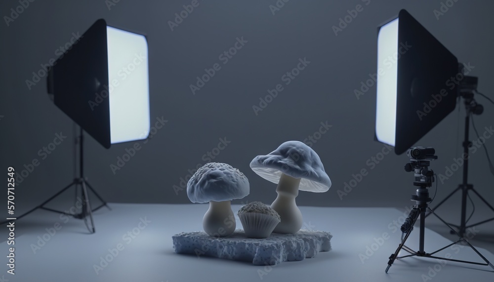  a couple of mushrooms sitting on top of a rock in front of a camera and a tripod on a white surface