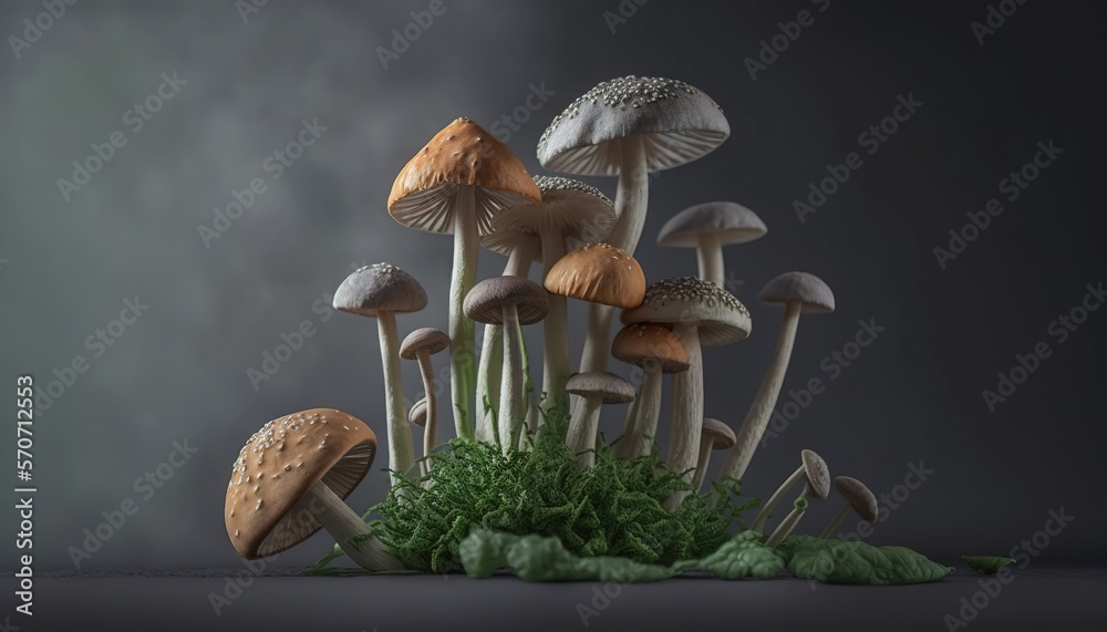  a group of mushrooms sitting on top of a green patch of grass in front of a dark background with a 