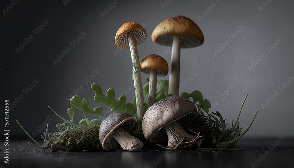  a group of mushrooms sitting on top of a lush green plant covered in leaves and grass on a black su