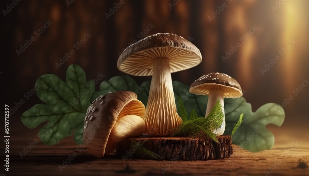  a group of mushrooms sitting on top of a wooden table next to a leafy green leafy plant on a wooden