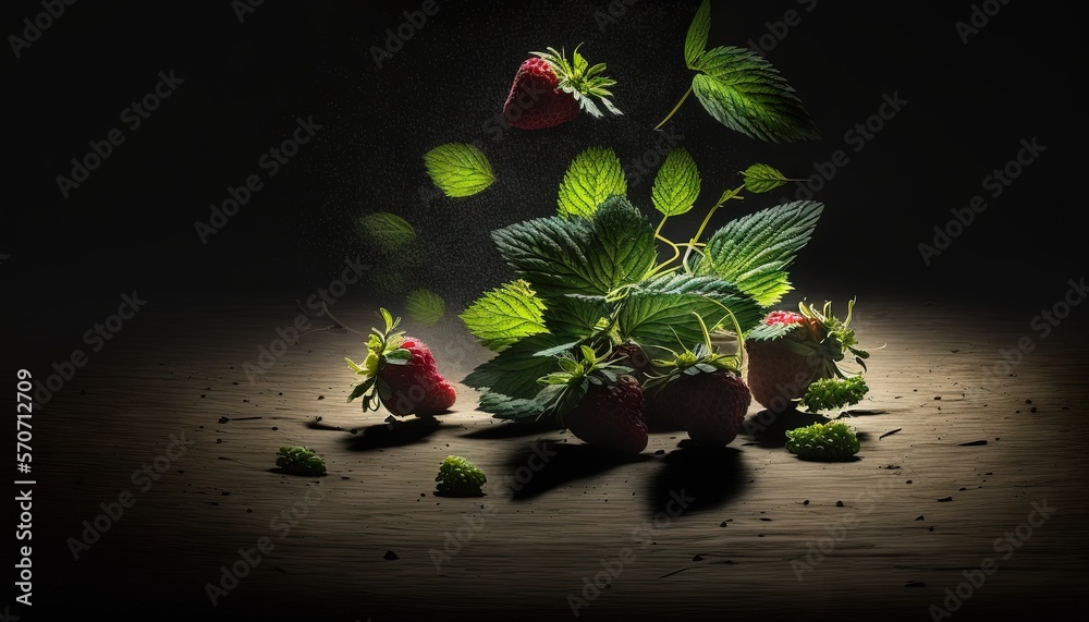  a group of strawberries on a table with green leaves falling off of them in the air and on top of t