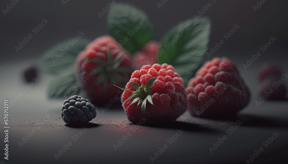  a group of raspberries and a blackberry on a dark surface with leaves on the top of the image and a