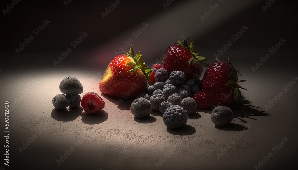  a bunch of fruit that is laying on the ground next to some berries and berries on the ground, with 