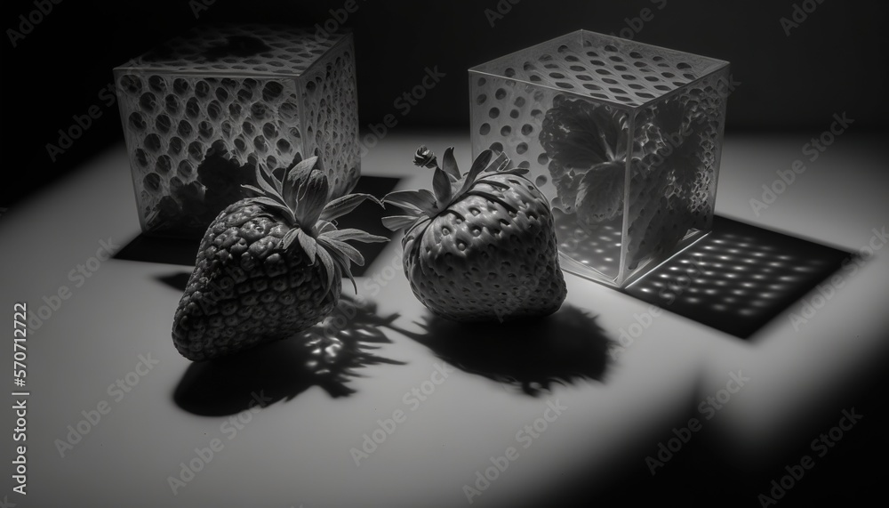  a couple of strawberries sitting on top of a table next to a box of strawberries and a shadow on th