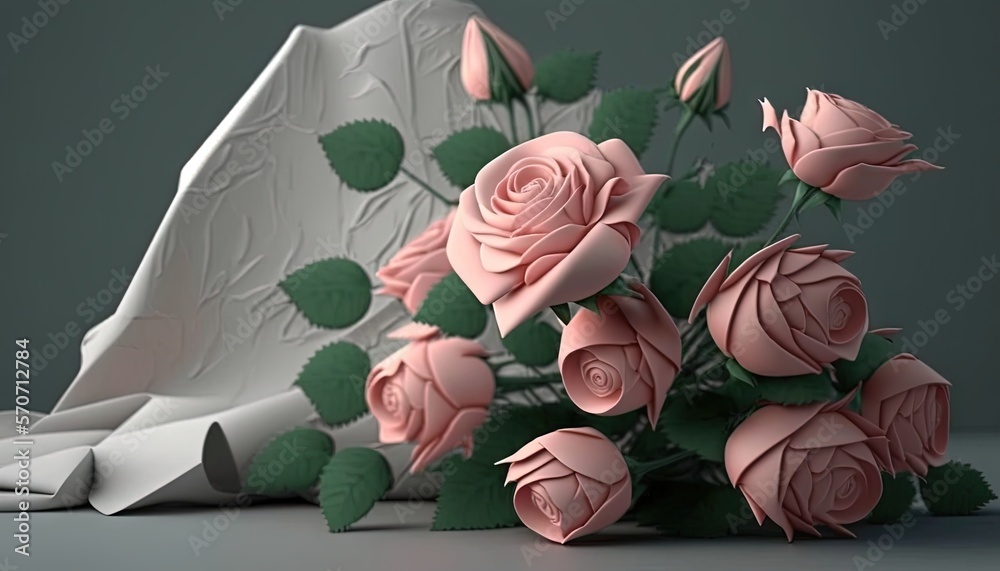  a bouquet of pink roses sitting on top of a white paper bag with green leaves on the bottom of it a