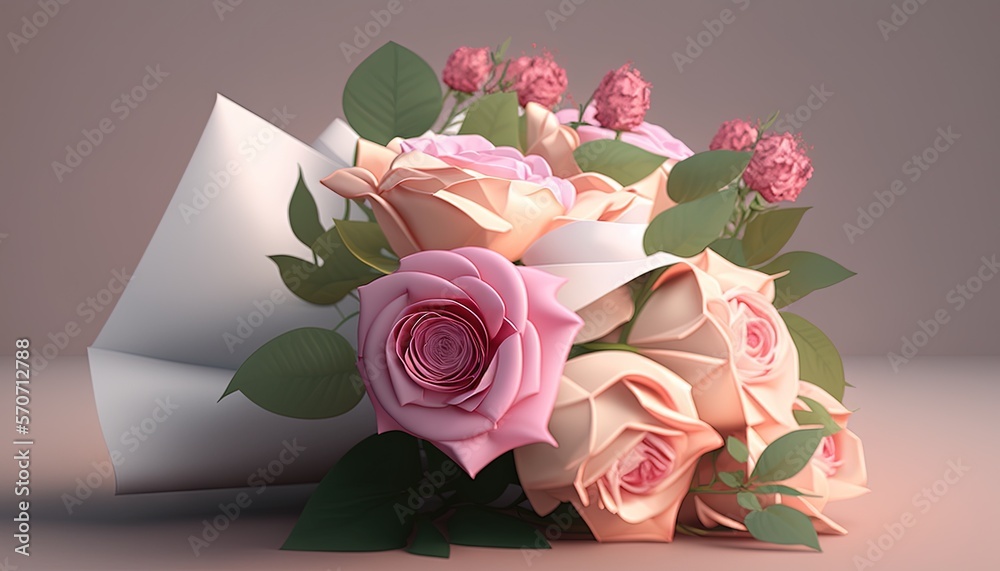  a bouquet of pink roses sitting on top of a white paper bag with leaves on top of the paper and pin