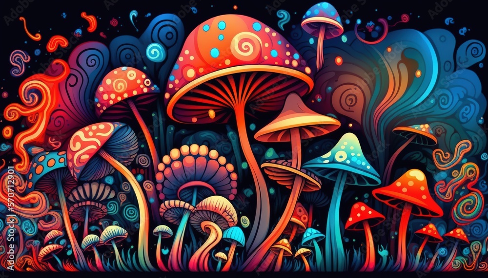  a painting of colorful mushrooms in a field of grass and flowers with swirls and bubbles on a black