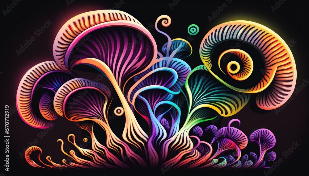  a painting of colorful mushrooms on a black background with a black background and a black backgrou