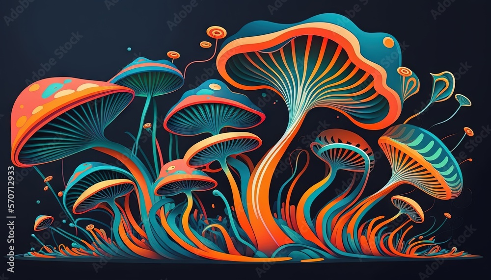  a bunch of colorful mushrooms on a black background with a blue background and a red one in the mid