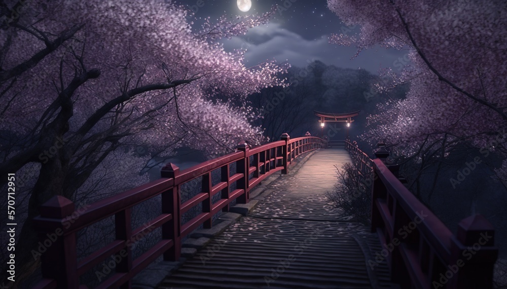  a pathway leading to a lantern in the night sky with cherry blossoms on the trees and a full moon i