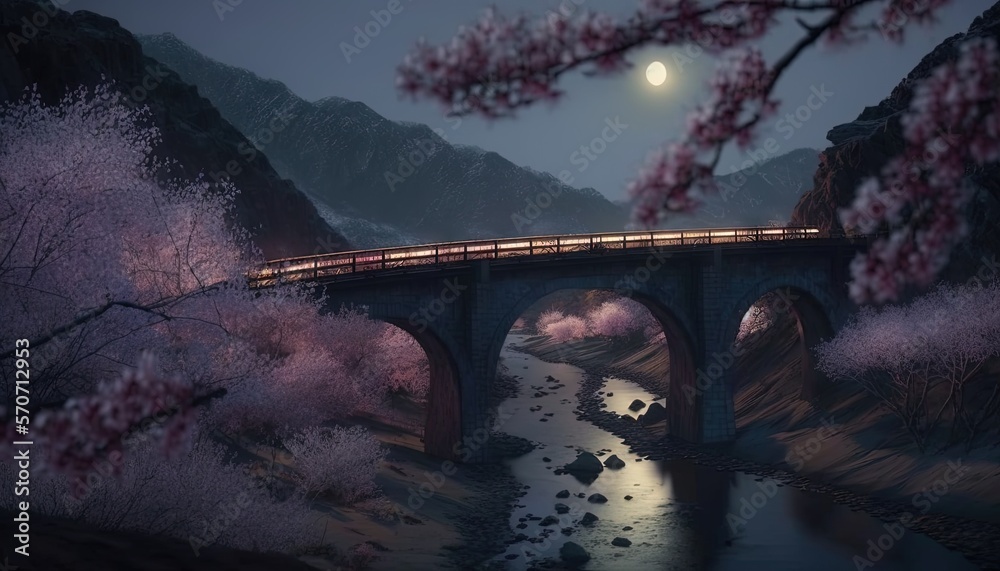  a painting of a bridge over a river with a full moon in the sky above it and trees in blooming arou