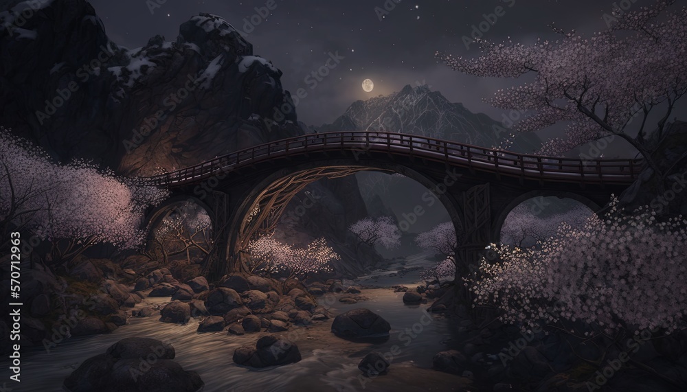  a painting of a bridge over a river with a full moon in the sky above it and mountains in the dista