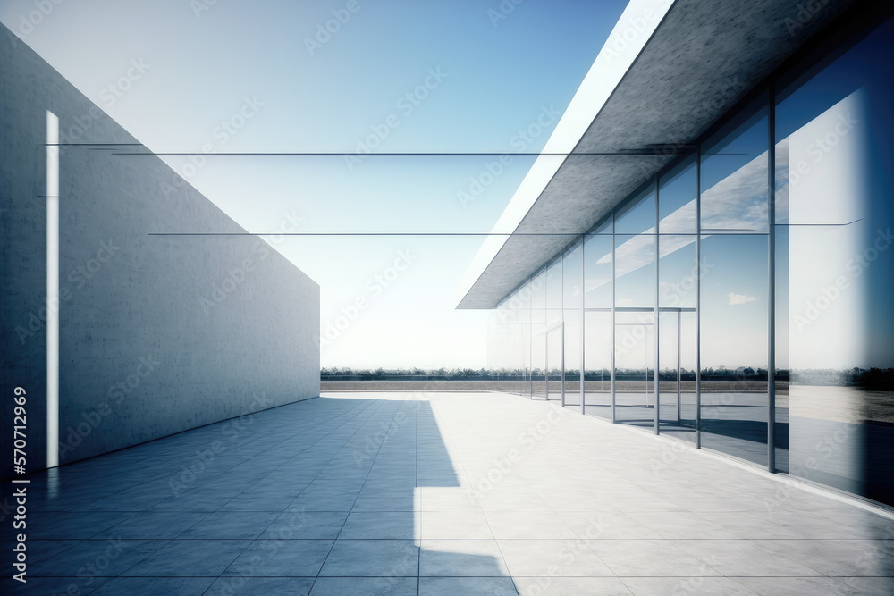 Modern architecture exterior of public hall entrance in urban building outdoor under bright sky with