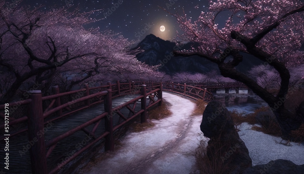  a night scene with a bridge and a full moon in the sky and a mountain in the distance with snow on 