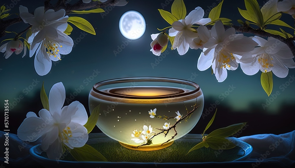  a fish bowl with flowers in it and a full moon in the sky behind it and a tree branch with white fl