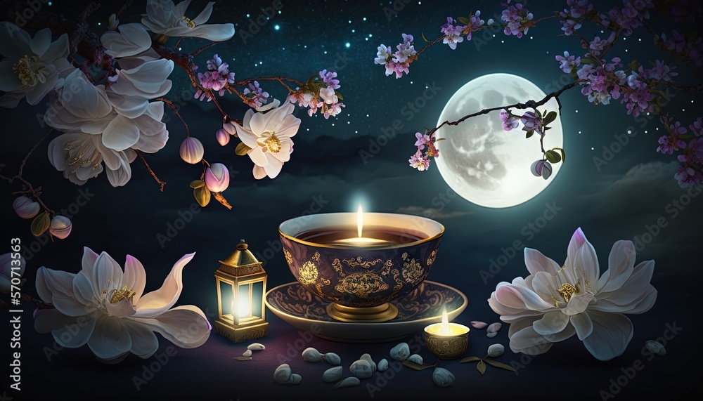  a cup of tea with a lit candle on a saucer surrounded by flowers and a lantern on a dark background