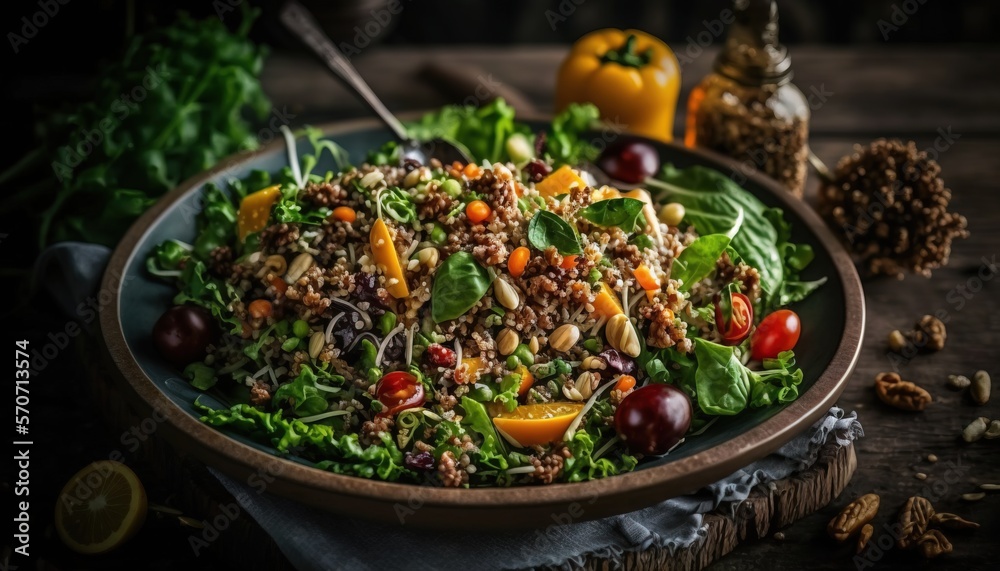  a plate of salad with a fork in it on a wooden table next to other vegetables and nuts on a cloth w