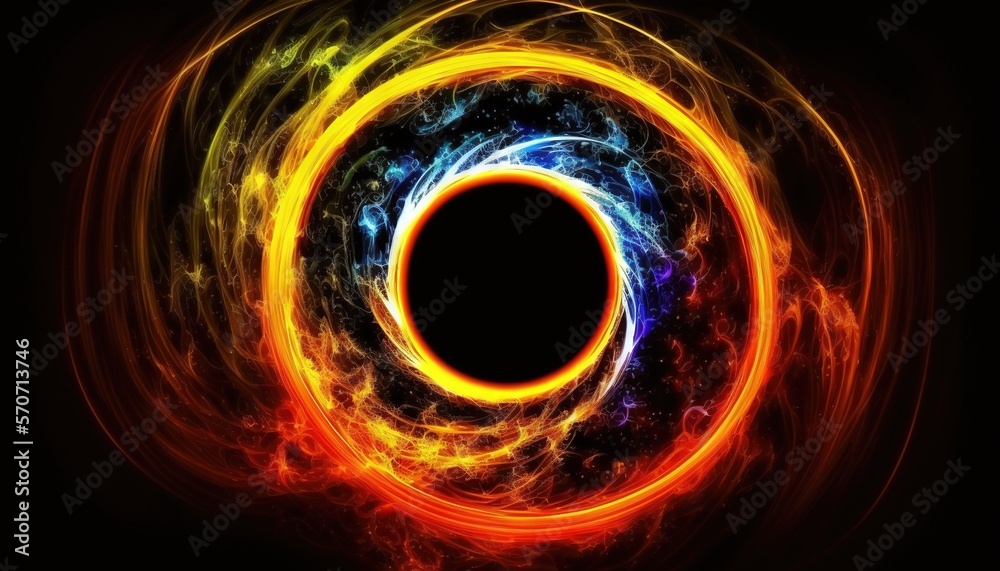  a black hole in the center of a black background with yellow and red swirls and a black circle in t