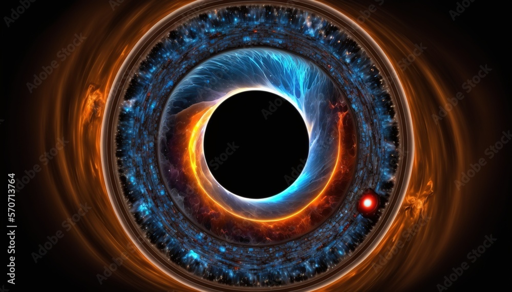  an image of a black hole with a blue and orange ring around it and a red ball in the center of the 