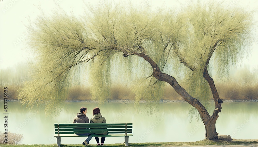  two people sitting on a bench next to a tree near a lake and a tree with no leaves on the bench and