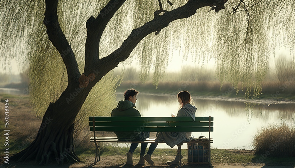  two people sitting on a bench under a tree near a lake and a tree with a large leafy tree in the fo