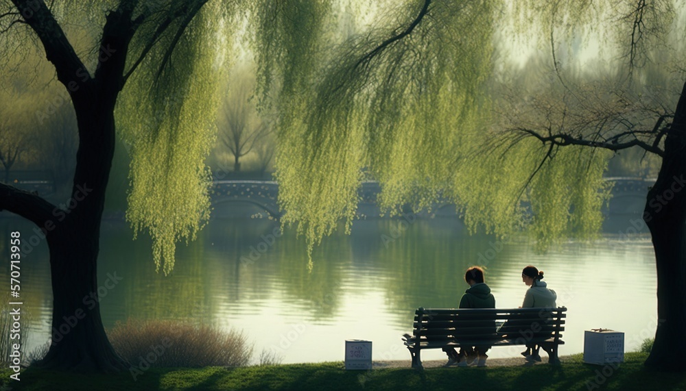  two people sitting on a park bench near a lake with willow trees in the foreground and a bridge in 