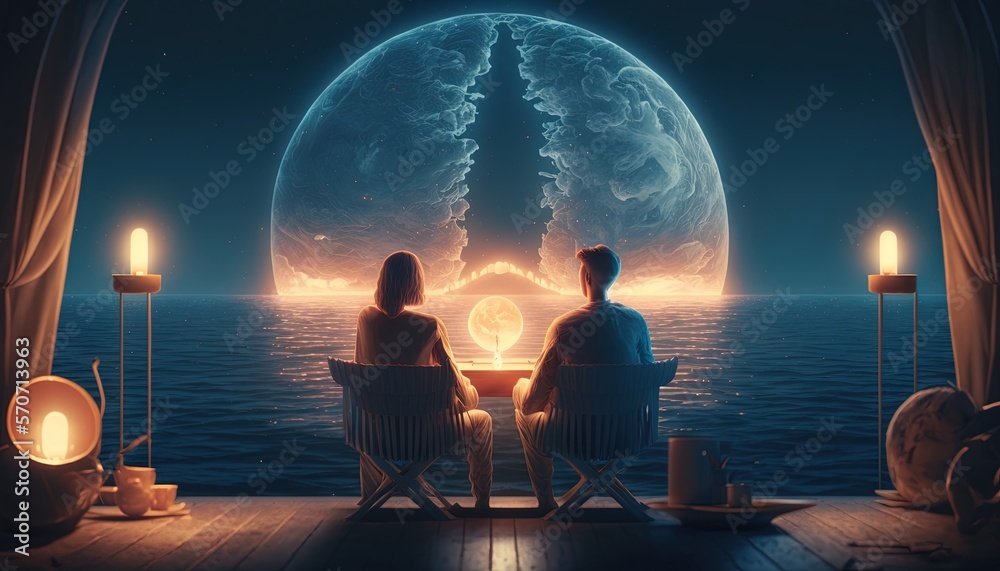  two people sitting at a table in front of a large, blue planet with a light in its center and a ca