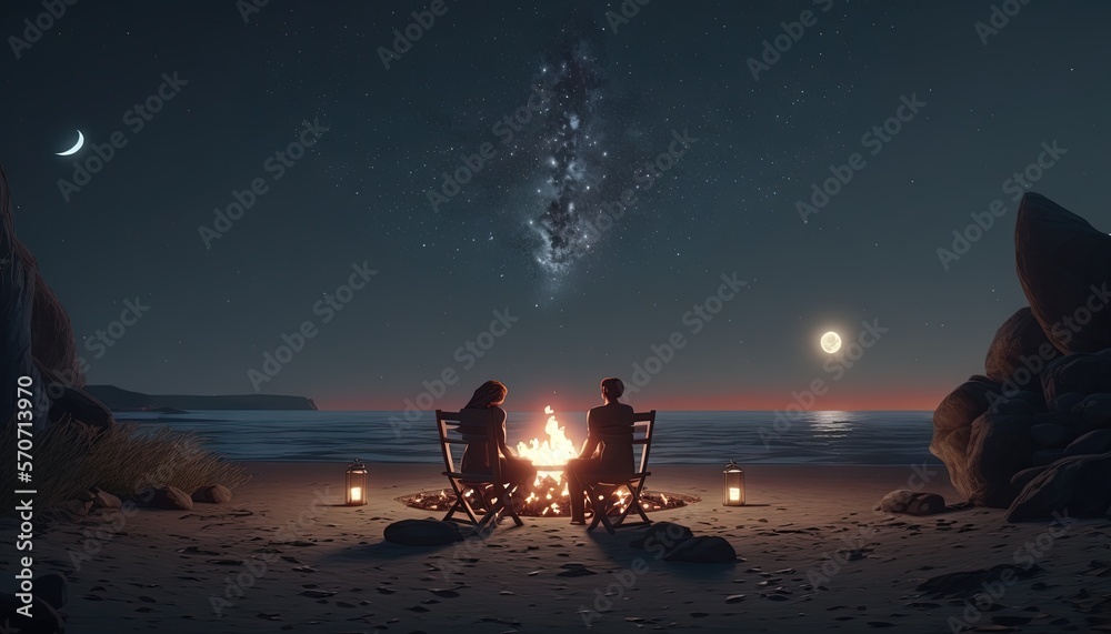  two people sitting around a campfire on a beach at night with the moon in the sky and stars in the 