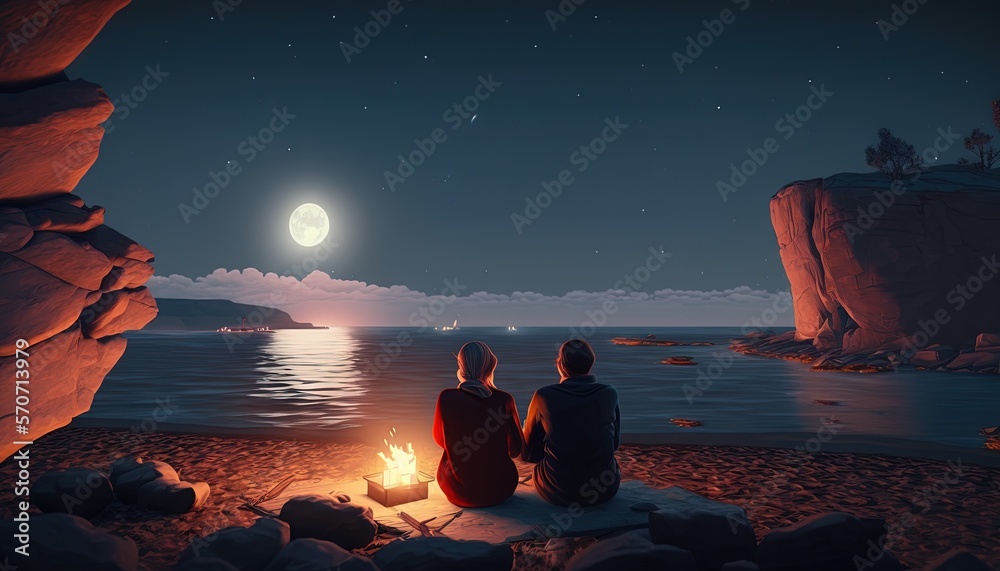  two people sitting on a beach at night watching the moon rise over the ocean and the moon rising ov