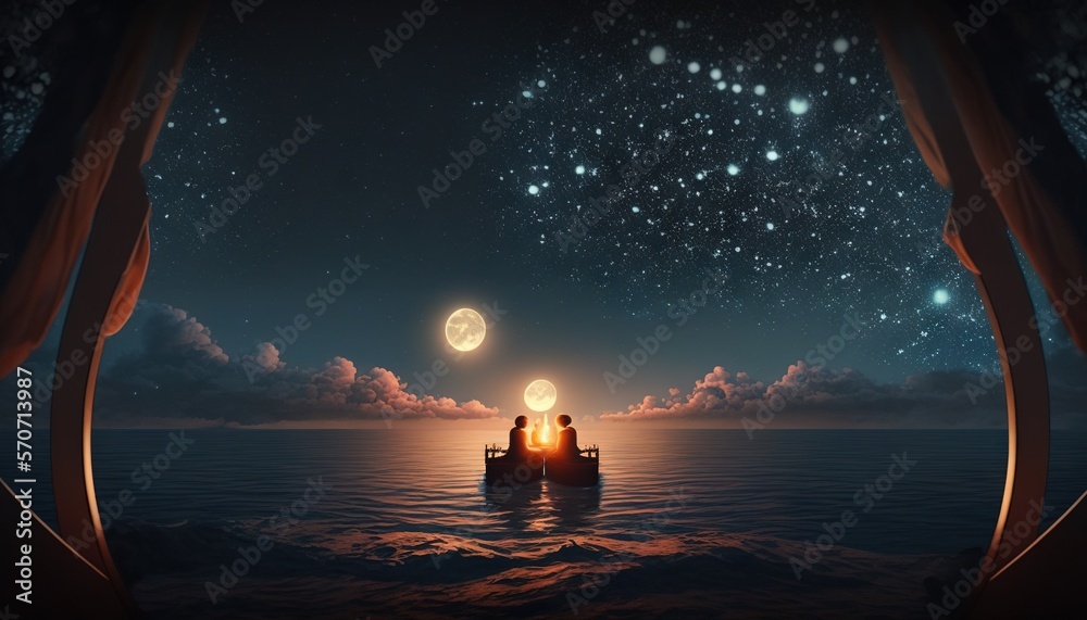  two people are sitting on a boat in the ocean at night with the moon in the sky and stars in the sk