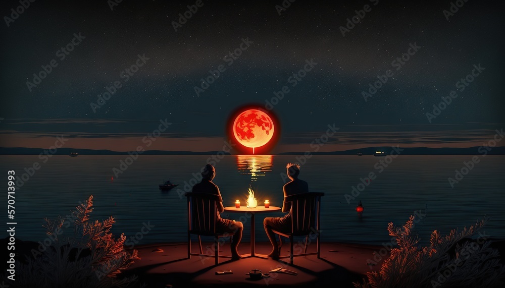  two people sitting at a table in front of a full moon with a red moon in the sky over the water and