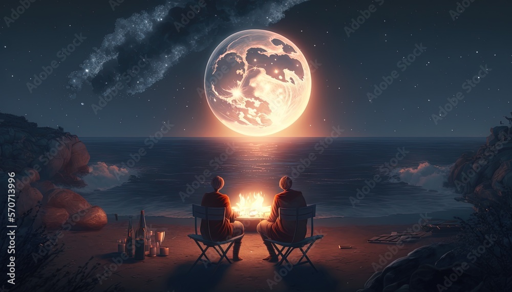  two people sitting on chairs in front of a full moon over the ocean with a campfire in the foregrou