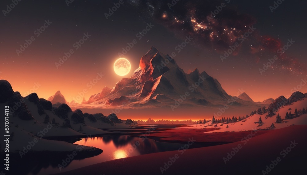  a painting of a mountain range with a lake in the foreground and a full moon in the sky in the back