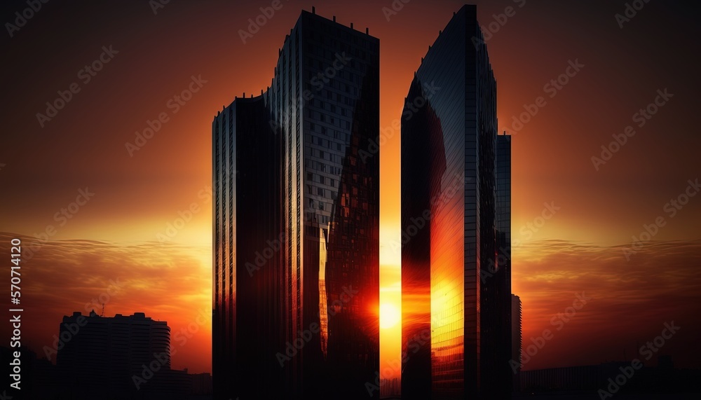  the sun is setting behind two tall buildings in a cityscape with skyscrapers in the foreground and 