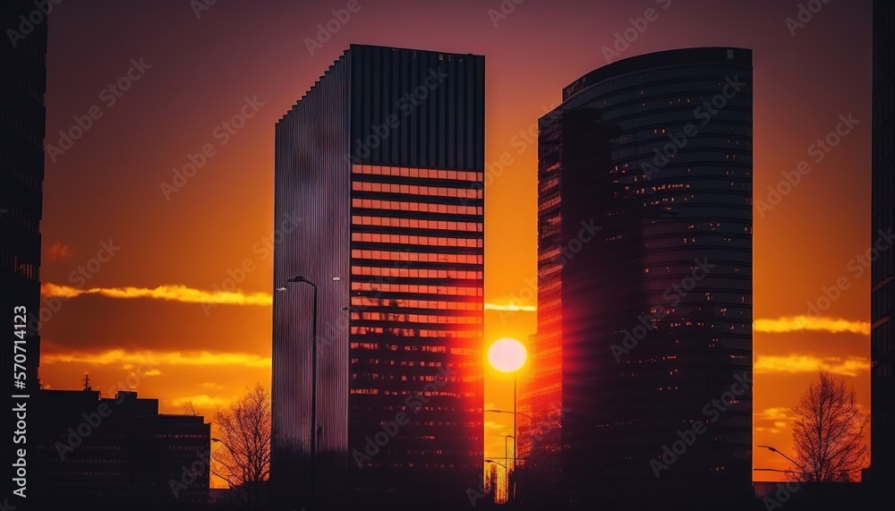  the sun is setting behind two skyscrapers in a cityscape, with a red and yellow sky in the backgrou