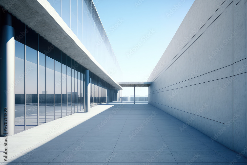 Modern architecture exterior of public hall entrance in urban building outdoor under bright sky with