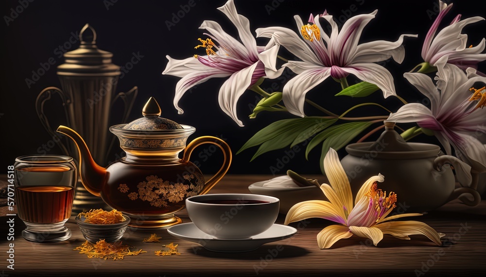  a painting of flowers and a teapot on a table with a cup of tea and a teapot with a flower in it on