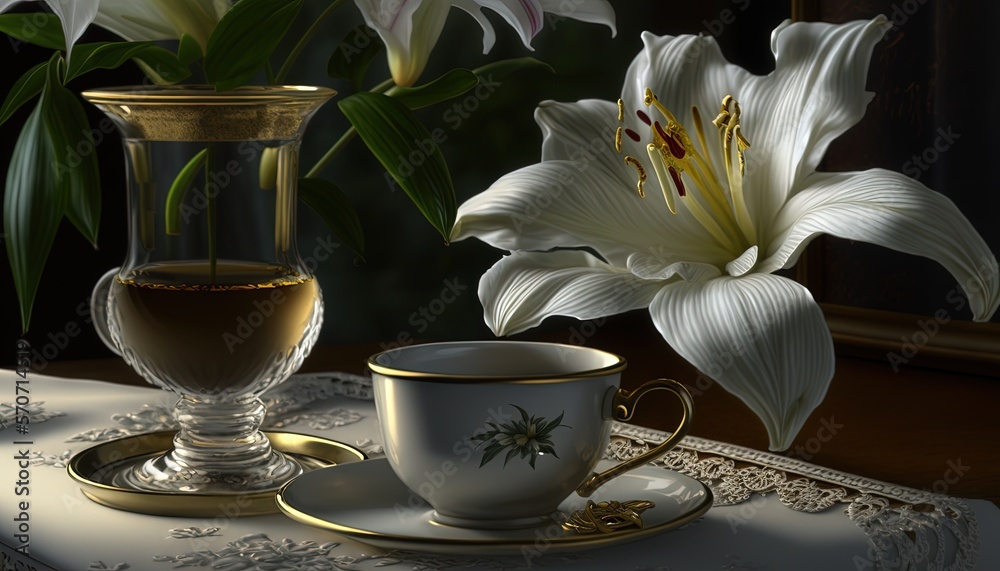  a painting of a cup of coffee and a vase of flowers on a tablecloth with a lace tablecloth on it an