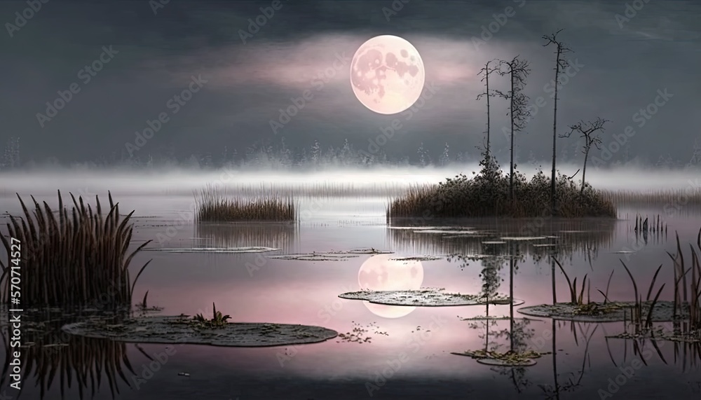  a painting of a full moon rising over a marshy area with reeds in the foreground and fog in the sky