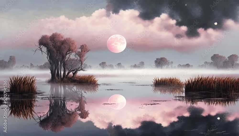  a painting of a lake with a tree and a moon in the sky with clouds and a full moon in the sky with 