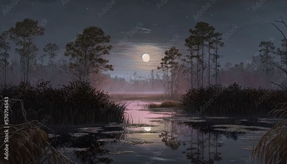  a painting of a swamp at night with a full moon in the sky and trees in the water and the moon in t