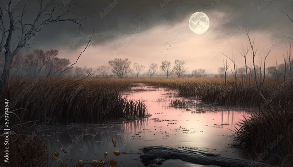  a painting of a swamp at night with a full moon in the sky above the water and reeds in the foregro