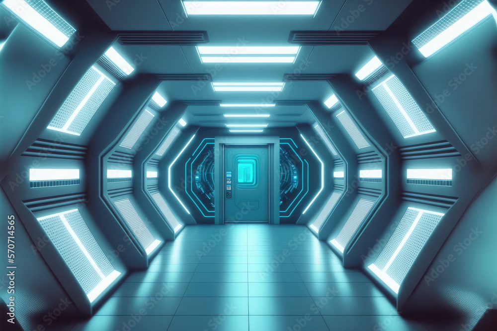 Empty sci-fi futuristic room of spaceship with blue light decoration . Super modern interior design.