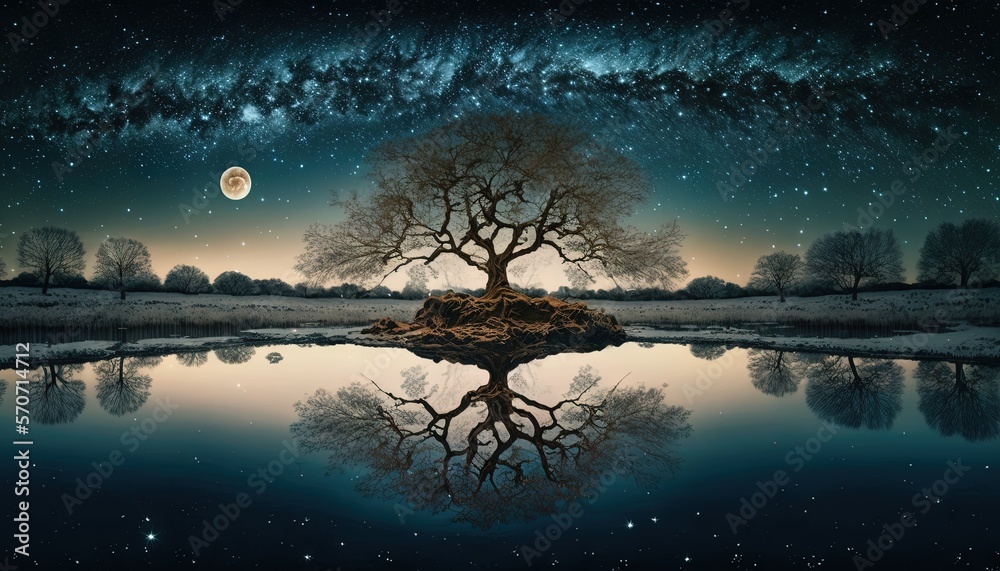  a painting of a tree with a moon in the background and a reflection of the sky in the water in the 