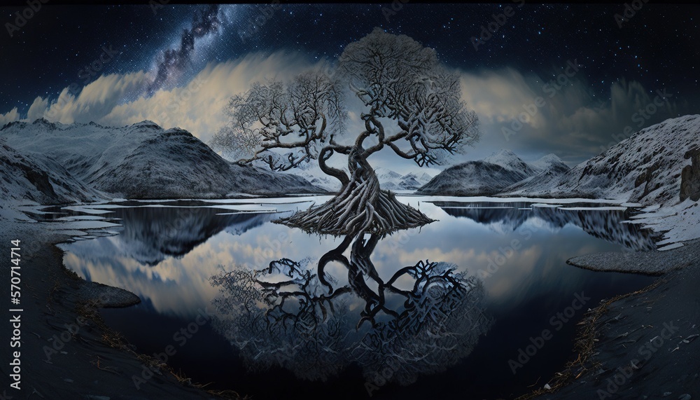  a painting of a tree in the middle of a body of water with mountains in the background and a sky fi