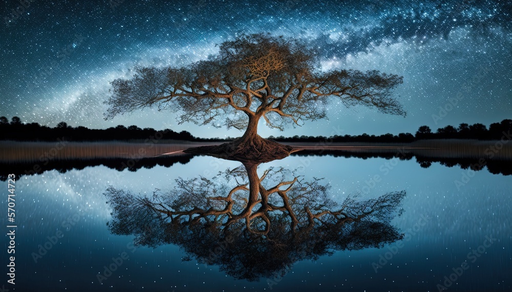  a tree with its reflection in the water under a night sky with stars and the milky in the backgroun